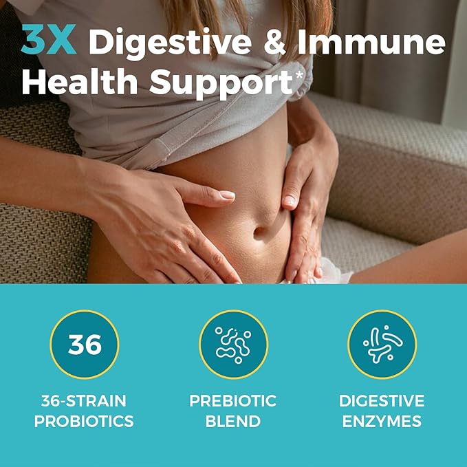 NewRhythm Probiotics 120 Billion CFU 36 Strains, 3-in-1 Probiotics for Digestive Health & Immune Support with Prebiotics & Enzymes, Probioticos for Women & Men, Targeted Release, 60 Veggie Caps