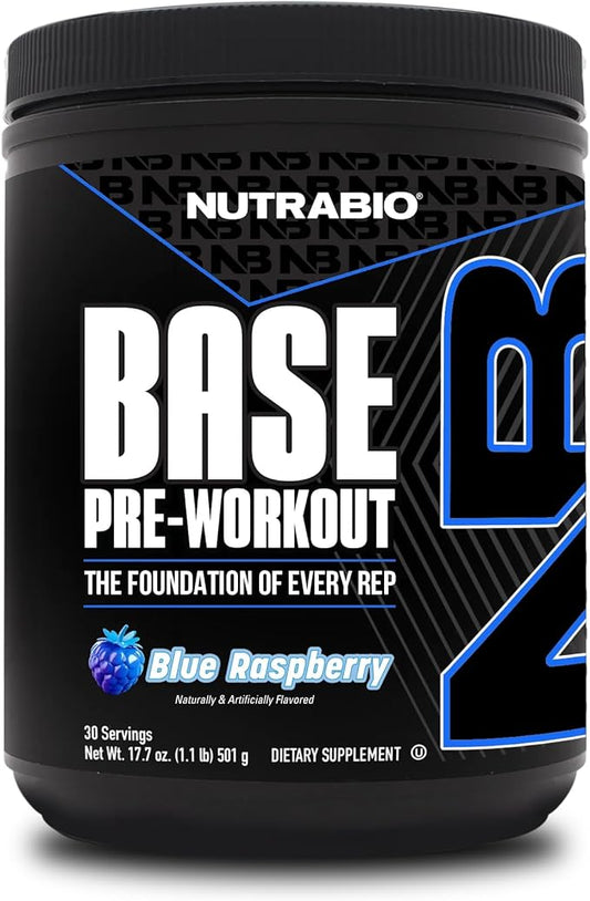 NutraBio Base Pre-Workout Powder 200mg Caffiene, Sustained Energy, Focus, Endurance, Pump, Sugar Free, Clean Preworkout for Men and Women - Beta Alanine, L-Tyrosine, 30 Servings - Blue Raspberry