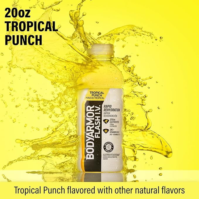 BODYARMOR Flash I.V. Electrolyte Beverage, Tropical Punch, Hydration Drink with Coconut Water For Rapid Rehydration, Post Workout Recovery, 20 Fl Oz (Pack of 12)
