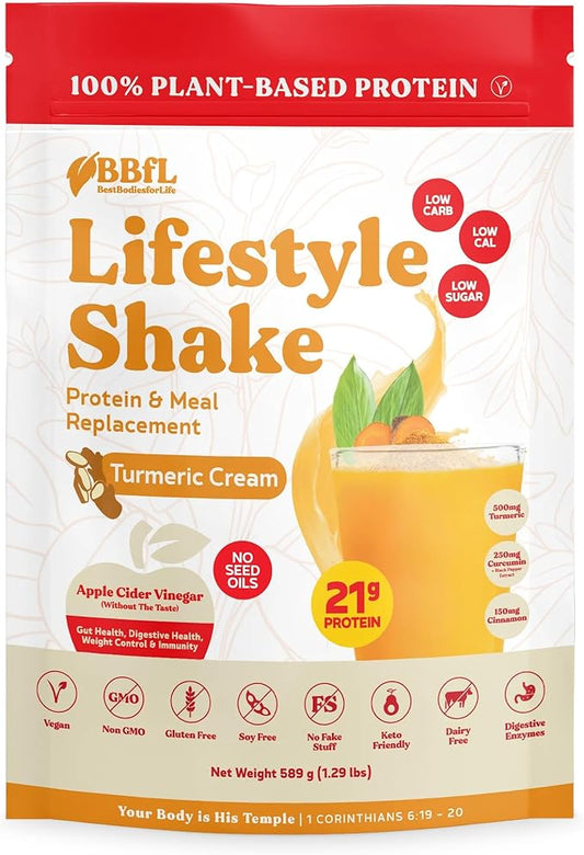Meal Replacement Shakes, 21g Protein, Vegan Plant Based Protein Powder, ﻿Digestive Enzymes, All in One Shake (15 Servings, Turmeric Curcumin Cream)
