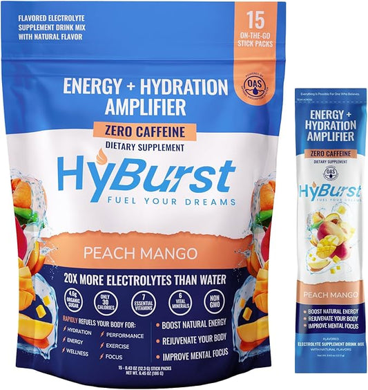 Hyburst Electrolytes Powder Packets with 13 Esstential Nutrients, Improve Energy, 100mg L-Theanine Nootropics, Non-GMO, Vegan, Gluten Free, Peach Mango Drink Mix, 15 Sticks
