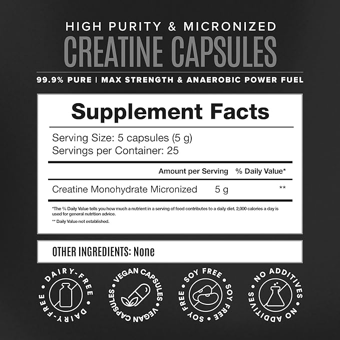 Micronized Creatine Monohydrate Capsules for Muscle Growth & Recovery, Pre & Post Workout, Vegan Creatine, Caffeine Free, Gluten Free, Sugar Free | 25 Servings | 125 Capsules