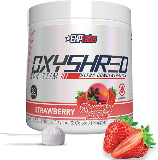 EHP Labs OxyShred Non Stimulant Pre Workout Powder - Stim Free, Caffeine Free Preworkout for Men & Women - Non Stim Preworkout - Sugar Free Energy Powder - Strawberry, 60 Servings