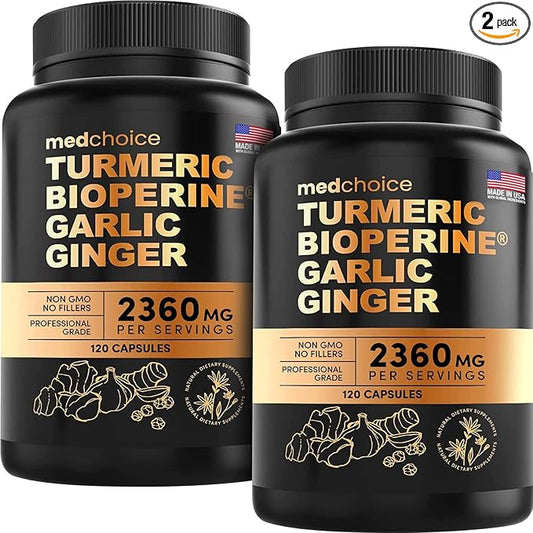 4-in-1 Turmeric and Garlic Supplements with Bioperine 2360 mg Turmeric Ginger Root Capsules with Garlic for Joint, Digestion & Immune Support (120ct, Pack of 2)