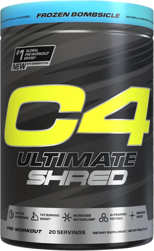 Cellucor C4 Ultimate Shred Pre Workout Powder, Metabolism Supplement with Cayenne Extract+300mg Caffeine+TeaCrine+Dynamine - Frozen Bombsicle, 20 Servings