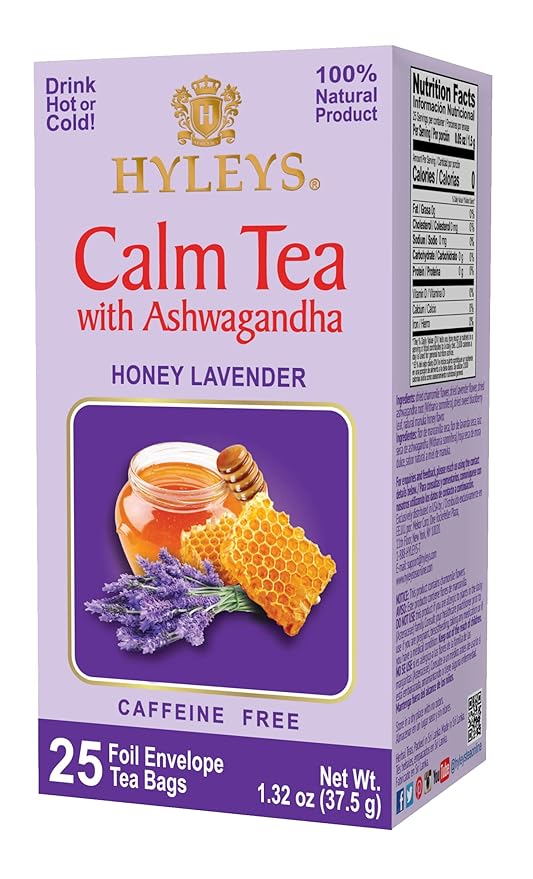 Hyleys Calm Tea with Ashwagandha - Lavender & Honey Flavor - Caffeine-Free, Herbal Tea - 25 Tea Bags - Sleepy Chamomile Bedtime Blend: Natural Herbal Tea for Deep Relaxation & Restful Sleep