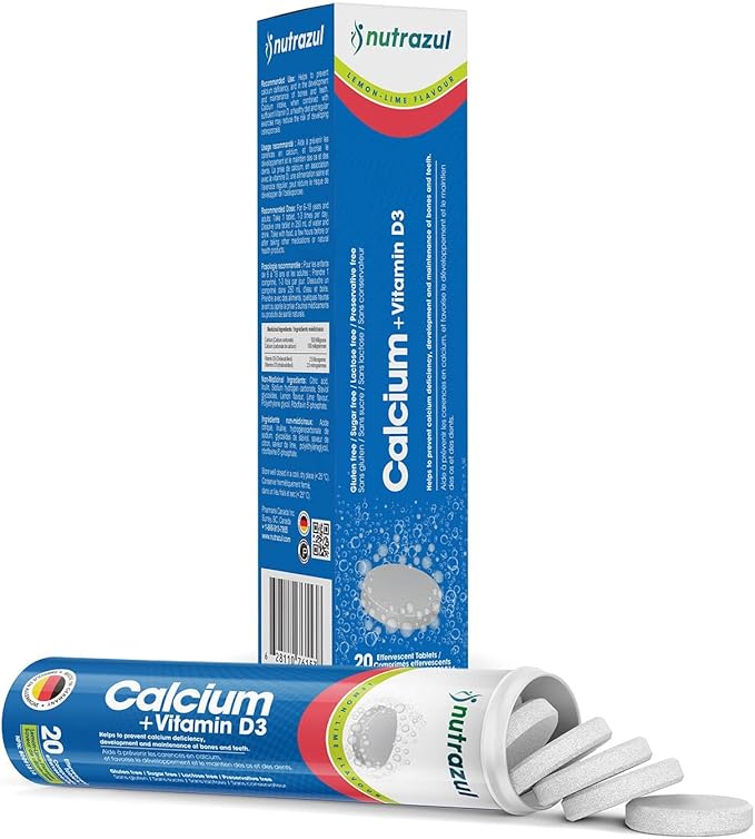 nutrazul Calcium + Vitamin D3 Effervescent Tablets | 20 Tablets | Supports Bone Health & Maintenance | for Adults & Kids | Lemon-Lime Flavor