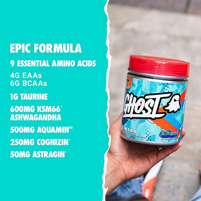 GHOST Intra Workout Powder, Blue Raspberry - BCAAs, & EAAs, Nootropics & Hydration - Essential & Branch Chain Amino Acids, Supports Muscle Recovery & Focus - Pre, Intra & Post Workout Powders