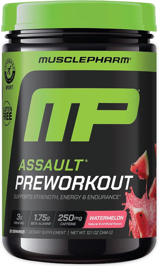 MusclePharm Assault Energy & Strength Pre Workout Powder for Men & Women with Beta Alanine, Caffeine, Creatine & Betaine Anhydrous, Pre-Workout Supplements, 30 Servings, Watermelon Flavor