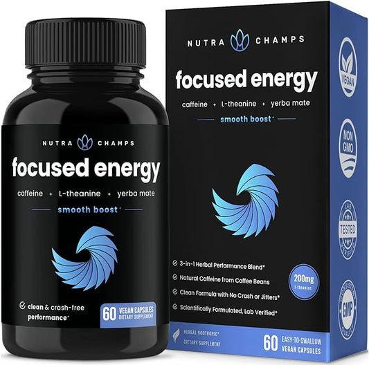 Caffeine Pills with L-Theanine for Focused Energy, Smooth & Clean Energy Supplement for Focus & Performance, No Crash, No Jitters, 60 Vegan Energy Pills