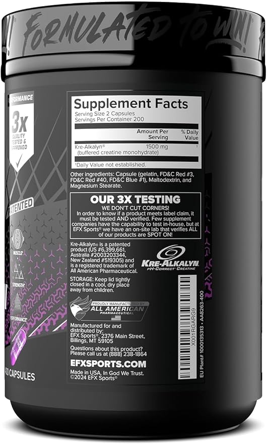 EFX Sports Kre-Alkalyn EFX | pH Correct Creatine Monohydrate Pill Supplement | Strength, Muscle Growth & Performance | 200 Servings, 400 Capsules
