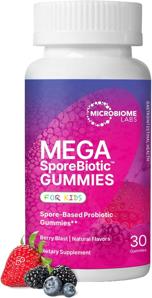 Microbiome Labs MegaSporeBiotic Kids Probiotic - Spore Based Gummy Probiotics for Kids - Supports Gut Health & Immunity with Bacillus Probiotic Blend - Berry Flavored (30 Gummies)