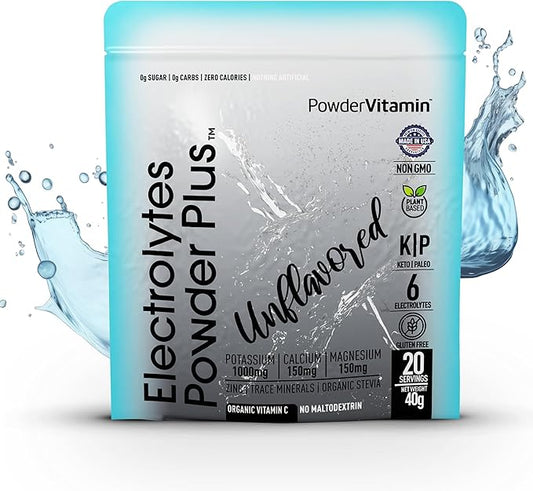 Electrolytes Powder Plus (20 Servings) Unflavored Electrolyte Powder Keto, Sugar Free, Pink Himalayan Salt.,1000mg Potassium,150mg Calcium,150mg Magnesium, Hydration Powder Organic STEVIA