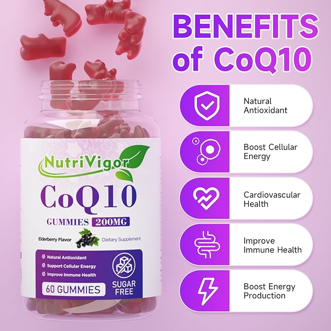 CoQ10 Gummies, Coenzyme Q10 Supplement 200mg, High Absorption CoQ10 Supplement for Cellular Energy and Immune Health, Vegan, Gluten Free, Elderberry Flavor, 120 Count