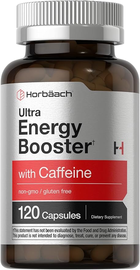 Horbäach Energy Supplement | 120 Capsules | with Caffeine, Ginseng & Vitamin B12 | Daily Energy Booster Pills | Non-GMO, Gluten Free