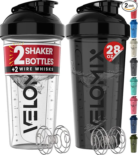 -2 Pack- 28 oz Protein Shaker Bottles for Protein Mixes - 2x Wire Whisk | Leak Proof Shaker Cups for Protein Shakes | Protein Shaker Bottle Pack | Shakers for Protein Shakes-Black&Transparent