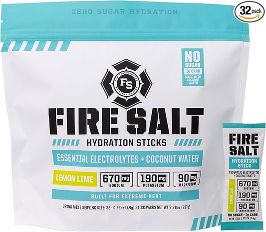 Fire Science Fire Salt Hydration Sticks, Electrolytes & Coconut Water, Hydration Drink Mix with Magnesium, Potassium & Sodium, Zero Sugar, Single Serve On The Go Packs, Lemon Lime Flavor, 32 Count