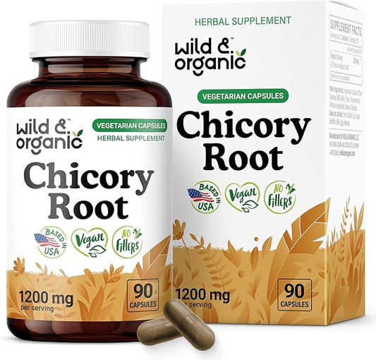 Wild & Organic Chicory Root Capsules - 1200 mg of Chicory Root Powder per Serving - Digestive & Gut Support - Inulin Fiber Prebiotic Supplement - Non-GMO, Vegan Inulin Capsules - 90 Count