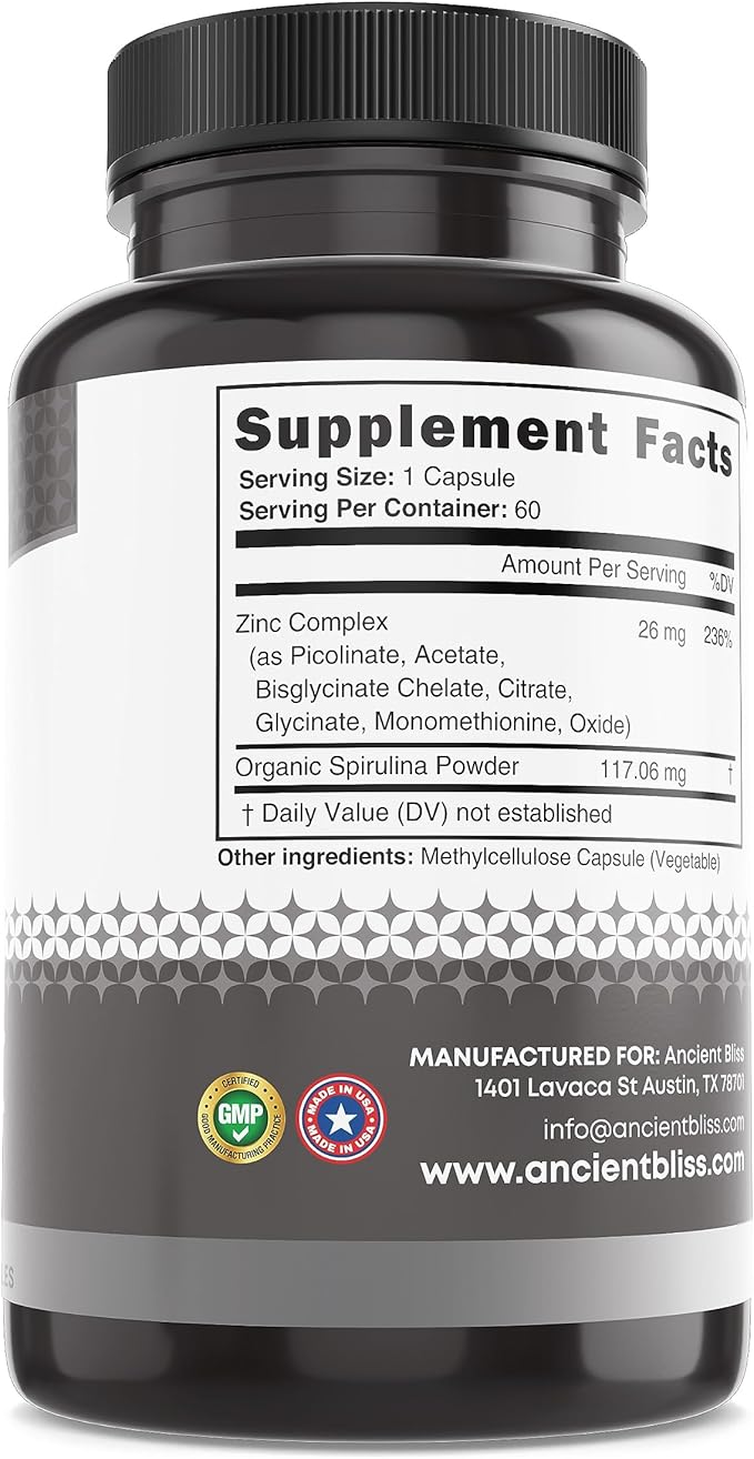 Zinc Complex Capsules with Enhanced Absorption, Antioxidant & Immune Support Supplement, Zinc Supplement for Men & Women by Ancient Bliss (60 Capsules)