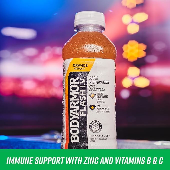 BODYARMOR Flash I.V. Electrolyte Beverage, Orange, Hydration Drink with Coconut Water For Rapid Rehydration, Post Workout Recovery, 20 Fl Oz (Pack of 12)
