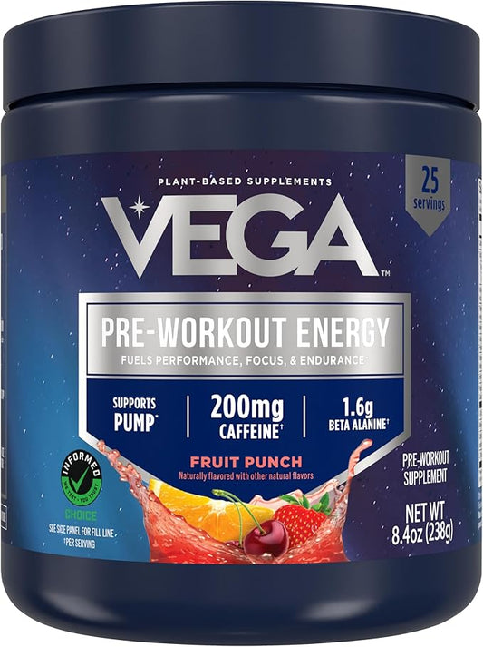 Vega Pre-Workout - 200mg Caffeine, Energy & Focus, Fruit Punch, 25 Servings, 1.6g Beta Alanine, 6g Citrulline Malate, Energy & Focus Drink Mix, Vegan, Gluten-Free, Dairy Free, No Sugar Added, 8.4oz