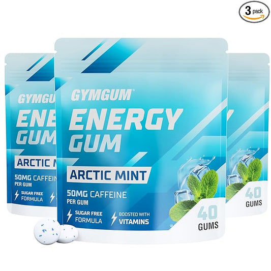 GYMGUM Energy Caffeine Gum | 50mg Caffeine | Sugar-Free, Keto-Friendly | Fast-Acting Energy & Focus Gum with Guarana & L-Theanine (120 Count, Arctic Mint)