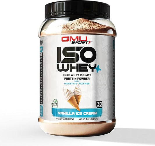 GMU SPORT ISO Whey - 100% Whey Isolate Protein - Vanilla Ice Cream, 2lb, (30 Servings) - 26g Protein Per Serving Complete with a Full Amino Profile, Digestive Enzymes, BCAA's and Collagen Peptides