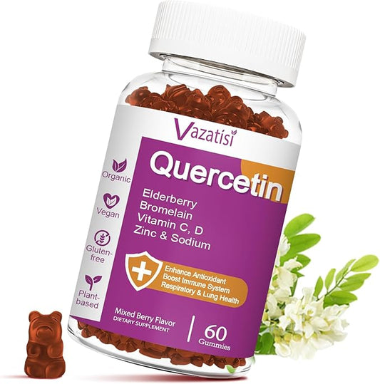 Quercetin Gummies, Quercetin with Vitamin C Zinc, Bromelain, Elderberry and Vitamin D, Immune Support Adults Kids, Women Men, 60 Gummies Chewable