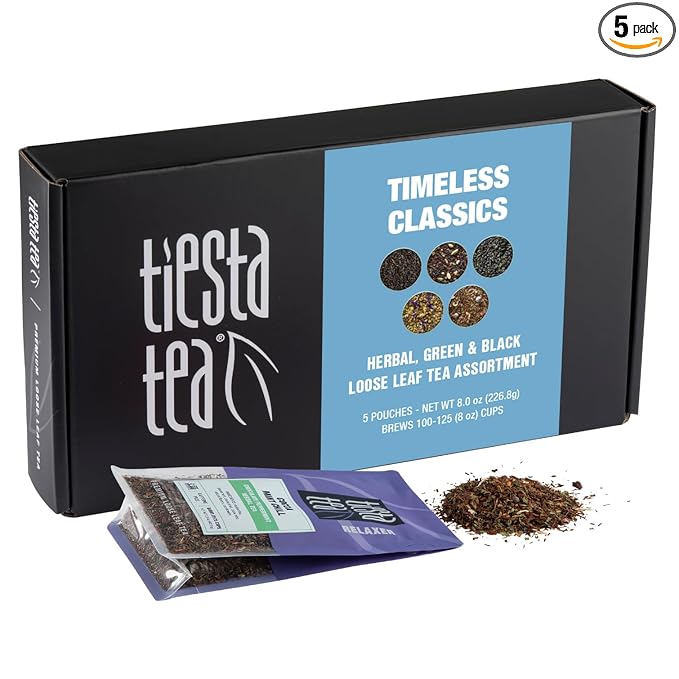 Tiesta Tea - Classic Tea Loose Leaf Father’s Day Tea Gift Set Sampler | High to No Caffeine | Hot & Iced Ready | Assorted English Breakfast, Green, Chai, Lavender & Herbal Blends | 5 Pouches