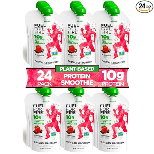 Fuel for Fire VEGAN Protein Smoothie Pouch - Chocolate Strawberry (24-Pk) | Healthy Snack & Recovery | No Sugar Added, Dietitian Approved | Plant Based Functional Fruit Smoothies (4.5oz pouches)