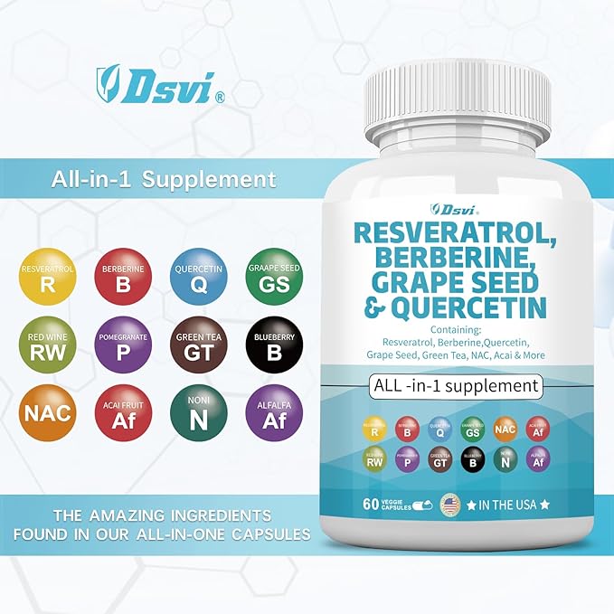 60 Capsules Resveratrol 6000mg Berberine 3000mg Grape Seed Extract 3000mg Quercetin 4000mg Green Tea Extract Polyphenol Supplement with N-Acetyl Cysteine Acai Extract for Women and Men,USA