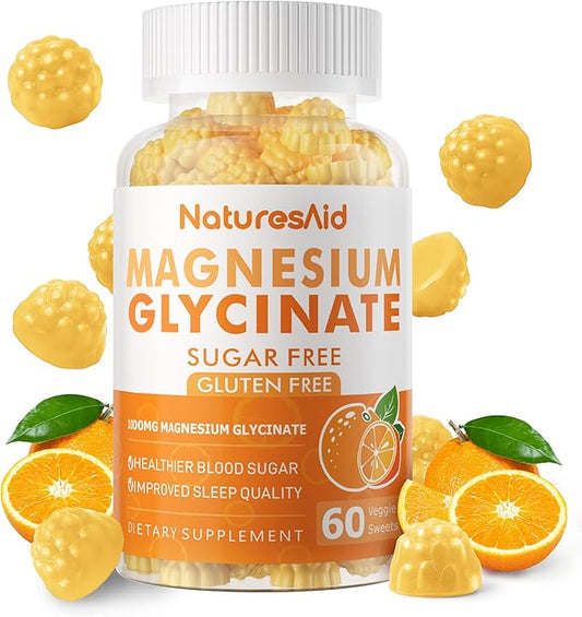 Magnesium Glycinate Gummies 1000mg - Sugar Free Magnesium Potassium Supplement with Vitamin D, B6, CoQ10 for Calm Mood & Sleep Support - 60 Orange Gummies -1 Pack