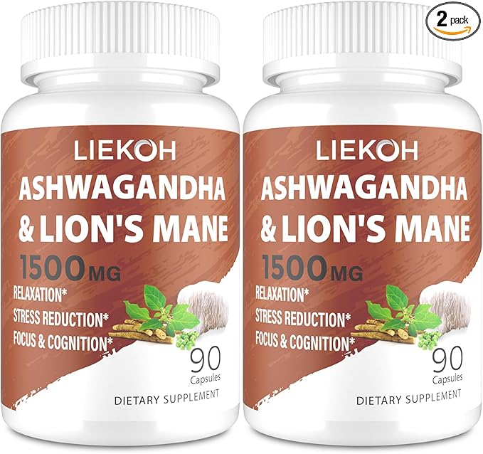 Ashwagandha & Lions Mane Supplement Capsules, Organic Ashwagandha Supplements with Rhodiola & Black Peppe, Cortisol Supplements for Women & Men, 180 Caps