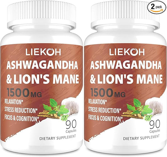 Ashwagandha & Lions Mane Supplement Capsules, Organic Ashwagandha Supplements with Rhodiola & Black Peppe, Cortisol Supplements for Women & Men, 180 Caps