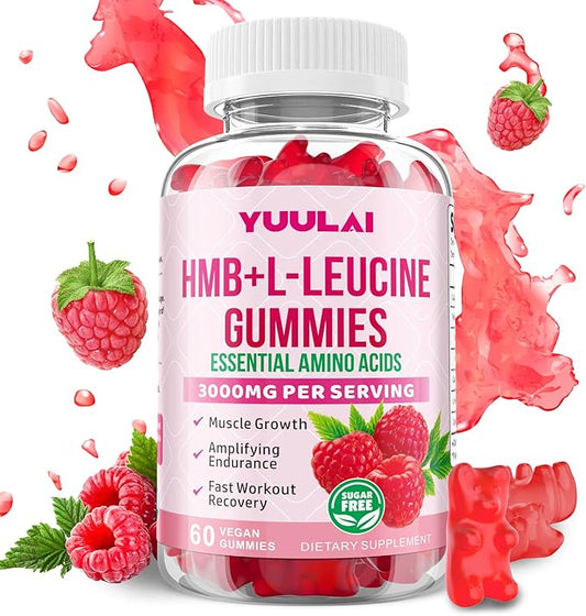 HMB and L-Leucine Gummies, 3000mg HMB and Leucine Amino Acid for Men Women, for Muscle Growth, Muscle Relief, and Fast Workout Recovery, Vegan, Raspberry Flavor, 60 Count