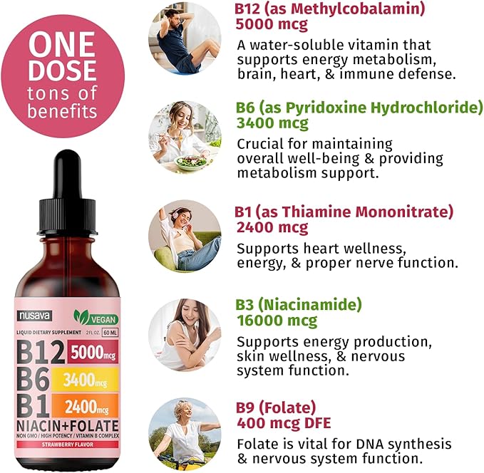 (4 Pack) Vitamin B12 and B6 Liquid Drops, B12 Sublingual Vitamin B Complex - B 12 Vitamin 5000mcg - B12 Methylcobalamin for Energy, Brain, and Heart Support with 27,200 mcg, Strawberry, 80 Servings