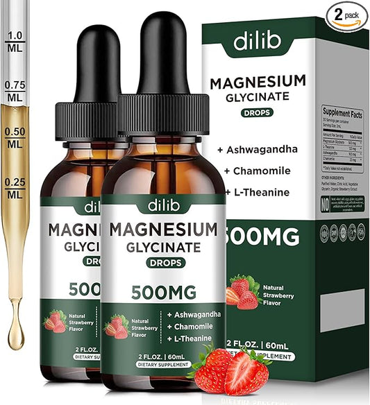 Magnesium Glycinate Supplement, Magnesium Liquid Drops with Magnesium Glycinate 500mg Ashwagandha, L - Theanine, Chamomile -Support Stress Relief, Bone, Muscle, Mood Strawberry Flavor 2Pack