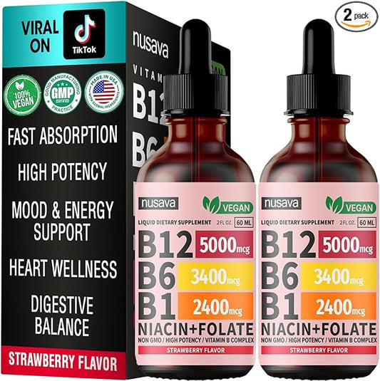(2 Pack) Vitamin B12 and B6 Liquid Drops, B12 Sublingual Vitamin B Complex - B 12 Vitamin 5000mcg - B12 Methylcobalamin for Energy, Brain, and Heart Support with 27,200 mcg, Strawberry, 80 Servings
