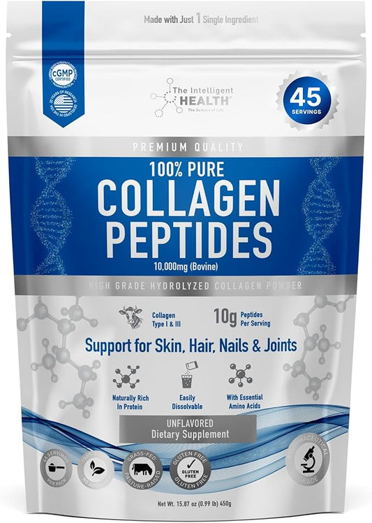 Hydrolyzed Collagen Peptides Powder, Grass Fed, High Protein, Unflavored, Gluten-Free, Paleo & Keto Friendly, 10g per Serving (450g) Supports Skin, Hair, Nails, Joints, & Bones