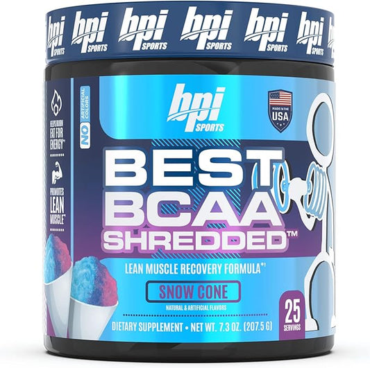 BPI Sports Best BCAA Shredded - Thermogenic Recovery Drink - Caffeine Free - BCAA Powder - Lean Muscle Building, Preworkout, Aminos & Hydration - Snow Cone - 25 Serving