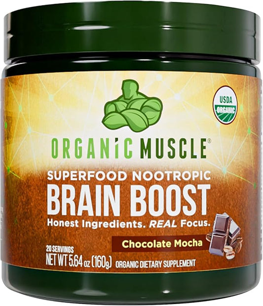 Organic Muscle Brain Boost Nootropics Blend - Vegan & Organic Superfood Health Supplements for Focus, Memory & Productivity with Ashwagandha, Ginkgo & Ginseng - Chocolate Flavor, 20 Servings