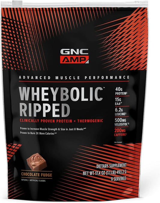 GNC AMP Wheybolic Ripped Protein Powder & Thermogenic Supplement, Increases Muscle Strength & Size, Energy & Endurance, 40g Protein, 6.2g Leucine, 15g EAA, Caffeine, Chocolate Fudge, 9 Serving