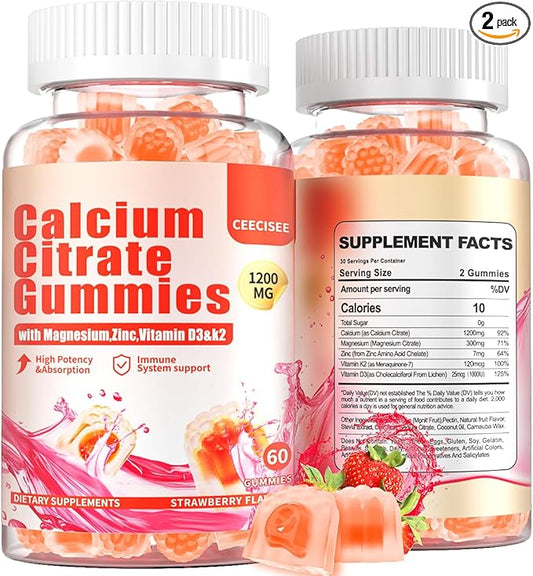 Calcium Citrate Gummies 1200mg for Adults: Sugar Free Ultimate Absorption with Magnesium Vitamin D3 K2 Zinc Chewable Supplement - Energy Immune Support for Outdoor Sports Vegan Women Men (120Count)