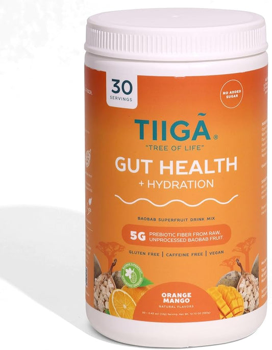 Tiiga 2-in-1 Gut Health + Hydration Drink Mix – Natural Debloat Formula with 75%+ Baobab & Coconut Water. High in Antioxidants, Prebiotics, Zero Added Sugar, Supports Digestion, Energy & Helps Debloat
