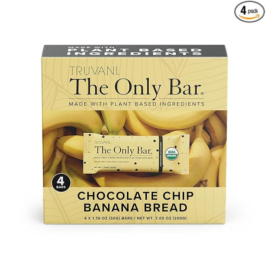 Truvani Plant Based Snack Bars | Chocolate Chip Banana Bread 4 Pack | 5g Protein | USDA Organic and Vegan | The Only Bar | Dairy, Soy, and Gluten Free | Individually Wrapped