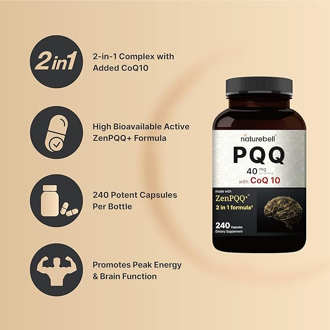 NatureBell PQQ 40mg Per Serving with CoQ10, 240 Capsules | Active Pyrroloquinoline Quinone, Highly Bioavailable ZenPQQ+ Formula – Promotes Heart, Brain, & Mitochondrial Health – Non-GMO