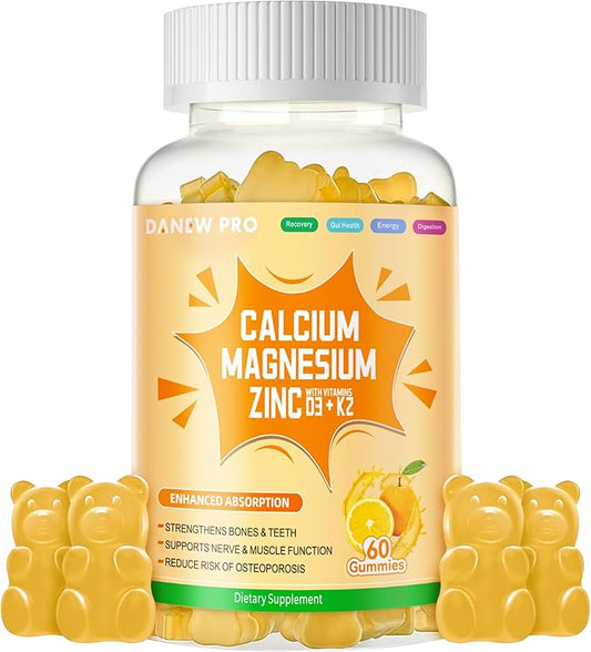 Calcium Magnesium Zinc Gummies with Vitamin D3 & K2 - High Potency Enhanced Absorption -60 Orange Gummies