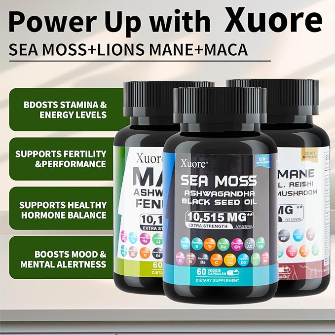Bundle of Sea Moss,Maca,Lions Mane, Black Seed Oil, Ashwagandha, Ginger & Rhodiola Rosea, Panax Ginseng, Turkey Tail, Reishi, Cordyceps, Chaga All in 1 Supplements (1 Pack)