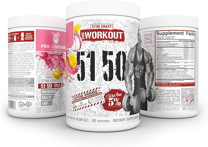 5% Nutrition Rich Piana 5150 High Stim Pre-Workout Powder | Extreme Energy, Focus, Pumps & Endurance | 400 mg Caffeine, Citrulline, Beta Alanine, N-Acetyl L-Tyrosine | 30 Srvgs (Pink Lemonade)