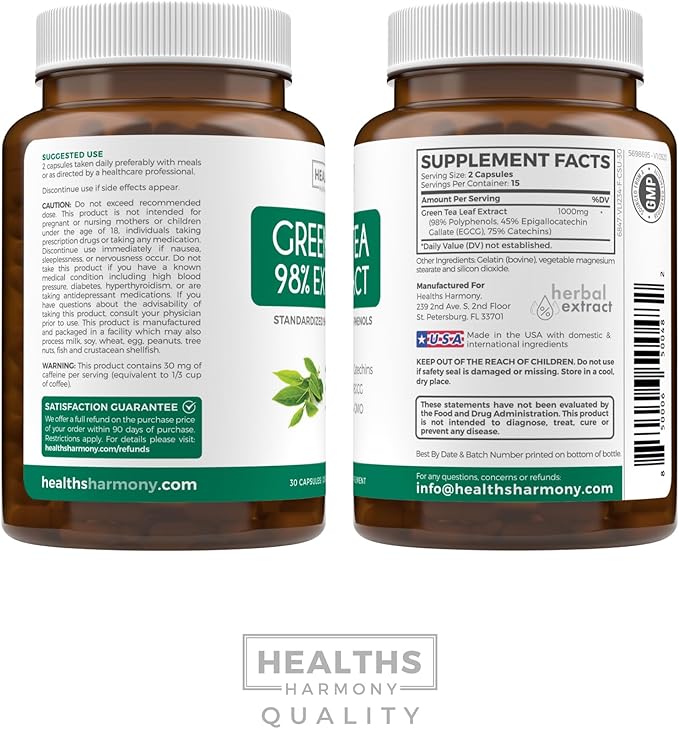 Green Tea Extract Capsules 98% with EGCG (Non-GMO) for Natural Metabolism Boost - Leaf Polyphenol Catechins - Antioxidant Supplement - Green Tea Pills - 1000mg (500mg per Capsule) - 30 Capsules